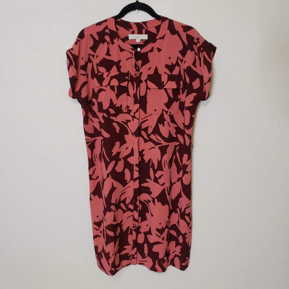 LOFT Floral Print Button Down Dress Pink Medium